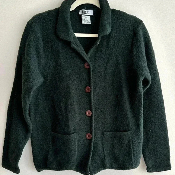 Bicé Forest Green 100% Wool Cardigan Sweater Jacket, Size Large - Picture 1 of 16